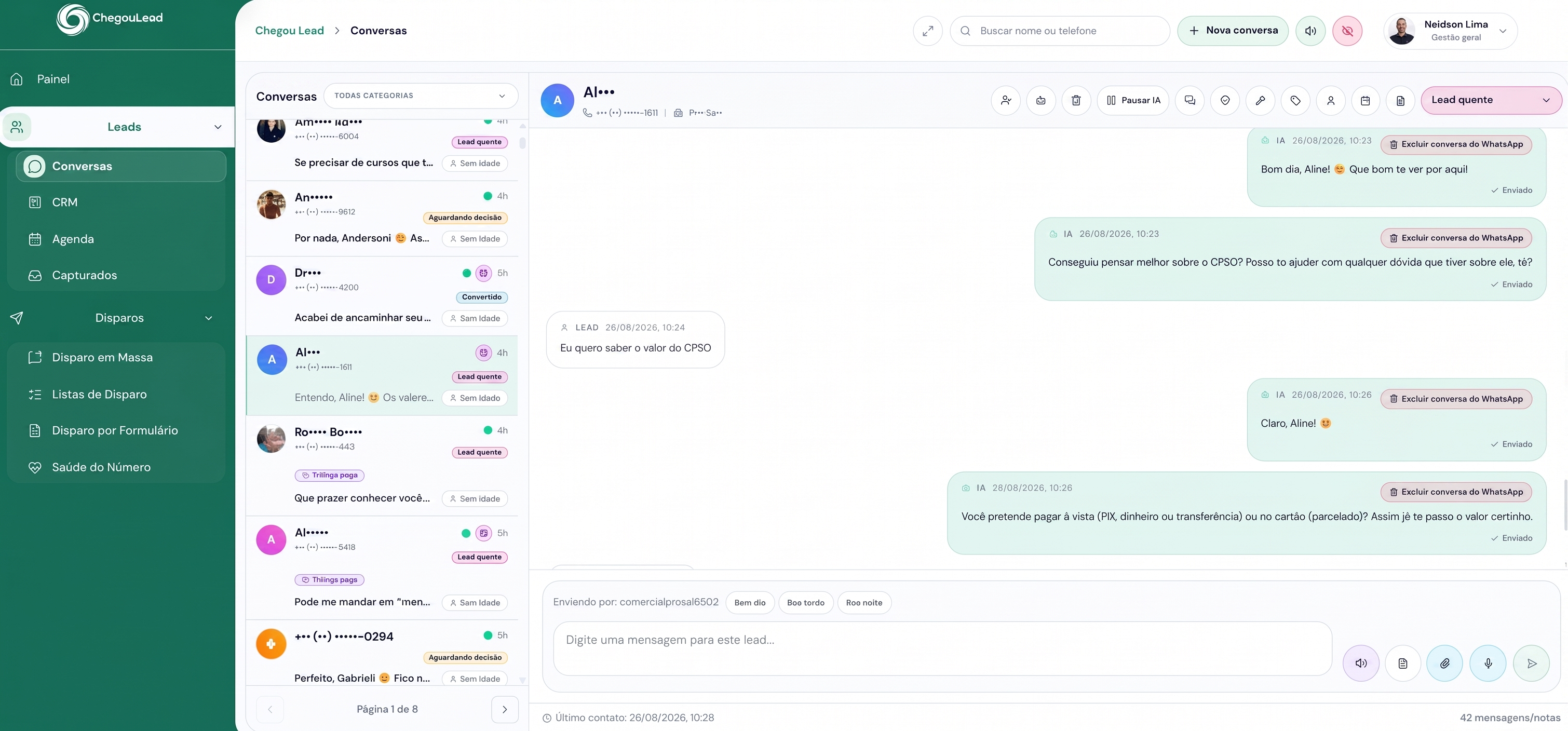 Central de conversas real da plataforma Chegou Lead